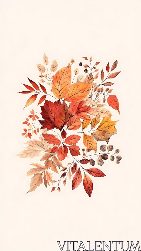 Watercolor botanical study of layered autumn foliage bouquet