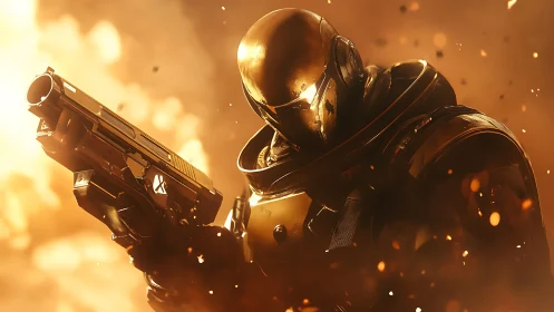 Armored sci fi soldier holding pistol in fiery battle glow.