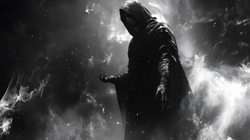Hooded wraith emerging from swirling monochrome void.