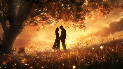 Couple Kissing Under Ancient Tree in Golden Field.