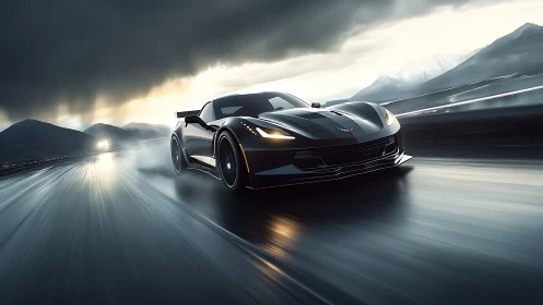 Black sports coupe driving on wet highway under storm clouds.