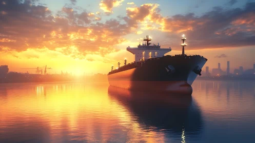Cargo tanker glides through a radiant industrial sunrise