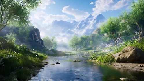Procedurally rendered alpine river valley with volumetric lighting