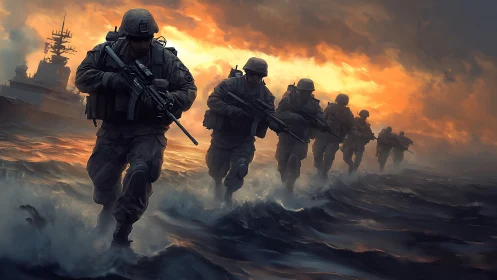 Storm-forged marines surge through firelit ocean waves.