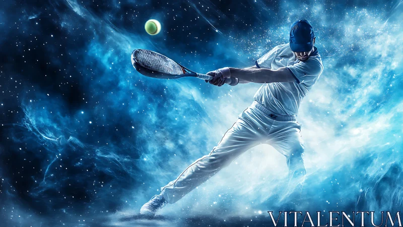 Tennis player executes dynamic forehand in cosmic light field