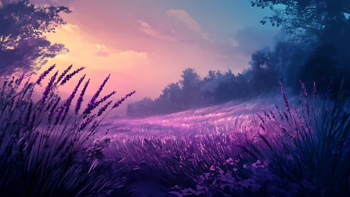 Lavender meadow gradient under sunset-driven atmospheric scattering