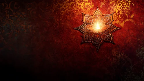 Glowing ornate floral lamp on red patterned background.