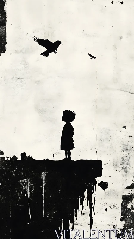 Child silhouette on crumbling ledge with soaring black birds.