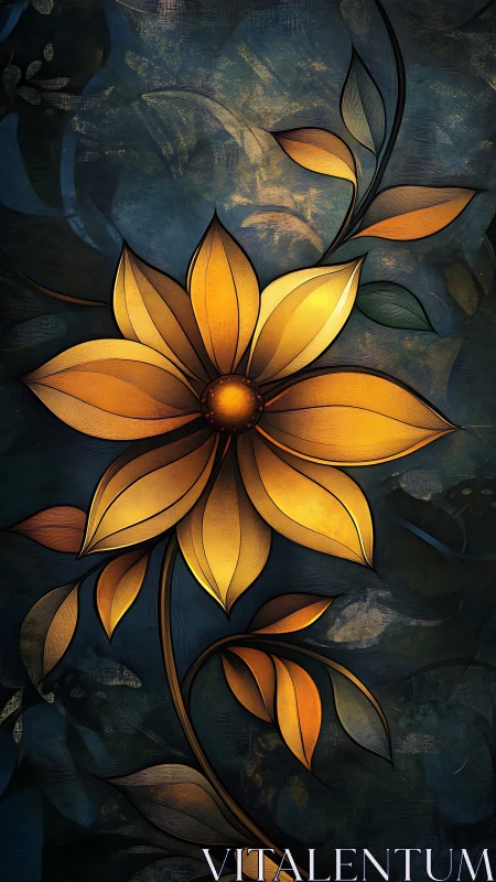 Stylized golden flower with layered petals on textured teal ground