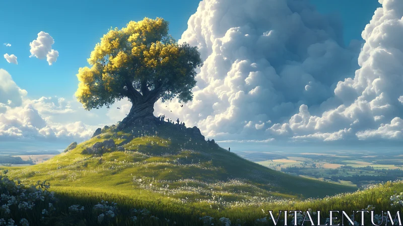 Ancient hilltop tree glows softly beneath towering clouds