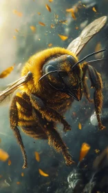 Macro-rendered honeybee in dynamic mid-flight particle field