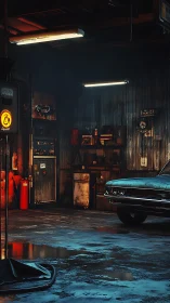 Rustic auto garage with classic car under moody neon light.