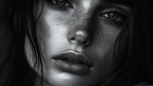 Monochrome hyperreal female portrait emphasizes pore detail and specular skin