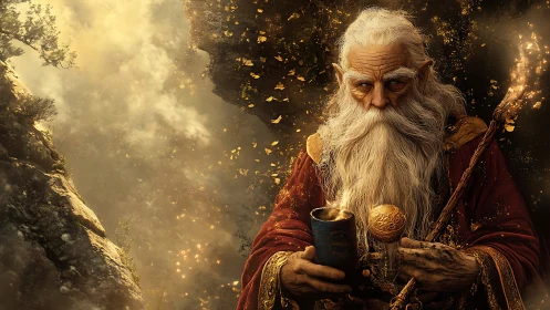 Arcane elder with chalice, staff and particulate embers.