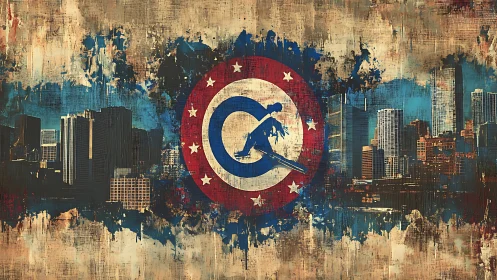 Urban superhero emblem dominates distressed city panorama