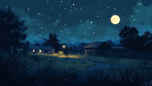 Rural night landscape with moonlit sky and quiet houses.