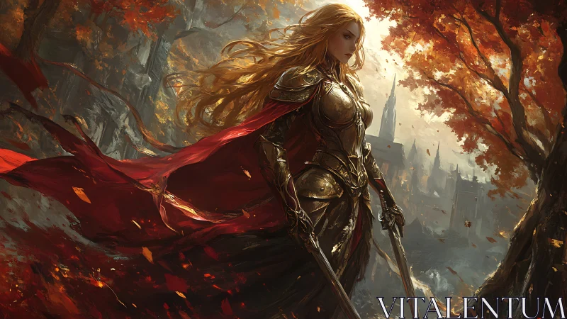 Armored warrior princess stands in autumn battlefield lighting
