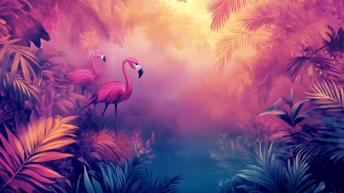Dreamy flamingo lagoon glowing in tropical twilight mist.