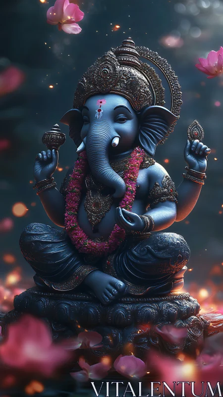 Highly detailed 3D-rendered Ganesha statue with garland and petals