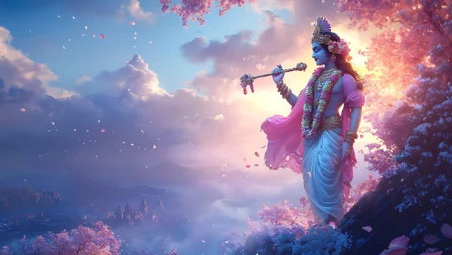 Sky-borne flute dreamer wandering through rose-lit clouds.