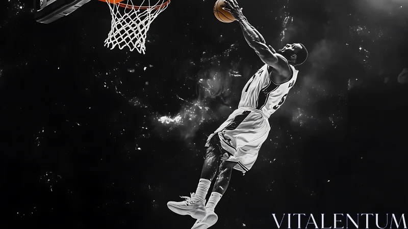 Basketball player midair dunk against dark abstract sky.
