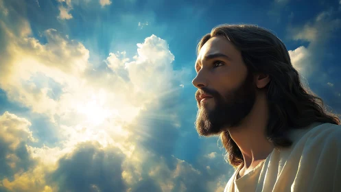 Sunlit bearded man in profile gazing toward radiant cumulus sky