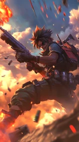 Fearless sky warrior leaping through a storm of fire.