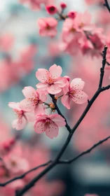 Pink Cherry Blossom Branch with Selective Focus Depth