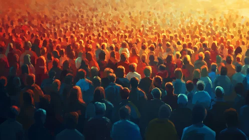 Warm crowd gathered under glowing sunset light together.