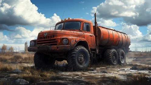Rusty orange tanker truck stands in muddy rural landscape