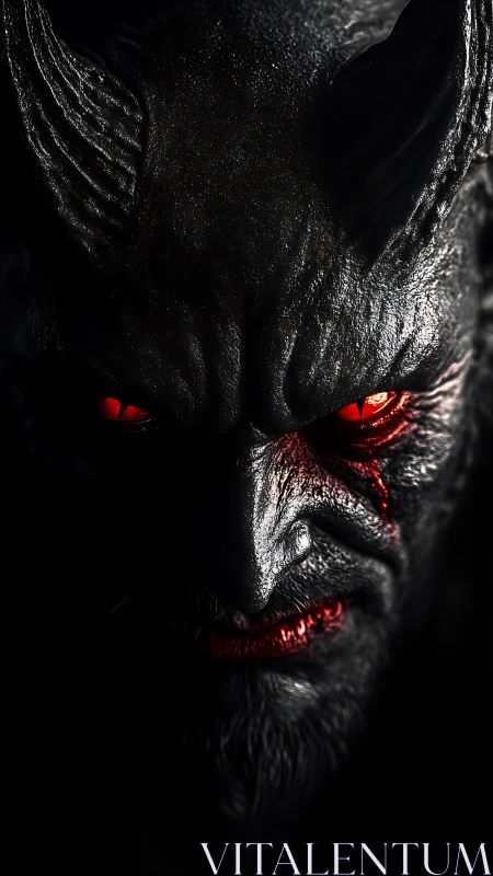 Moody horned figure with glowing red gaze in deep shadow.