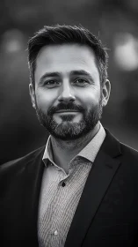 Monochrome corporate headshot of confident bearded man.