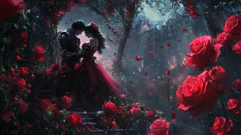 An Enchanted Garden Romance Beneath Crimson Blooms.