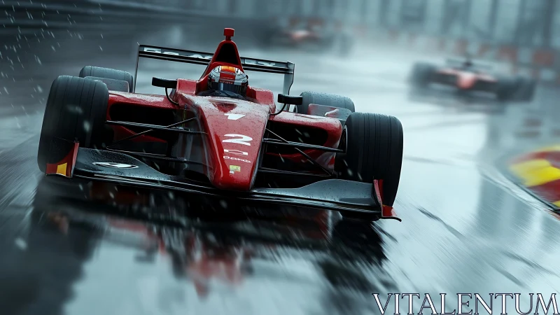 Red formula race car on wet track in rainy conditions.