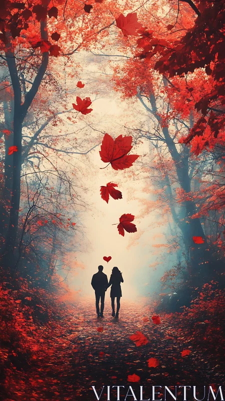 Couple Walking Through Red Autumn Forest Path