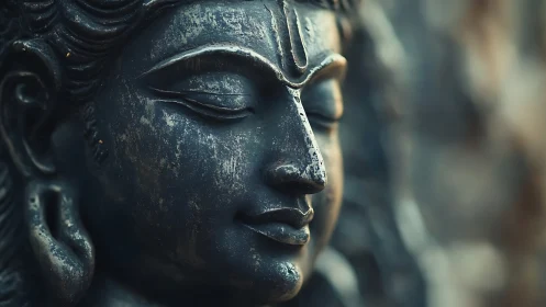 Close-up view of serene stone deity face in profile.