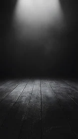 Colimated spotlight over textured black wooden stage plane.