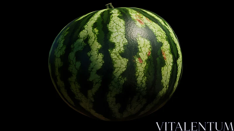 Whole striped watermelon on black background, front view.