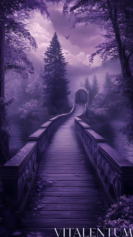 Mystical violet forest bridge leading toward a hidden doorway.