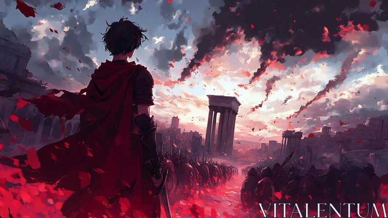 Cloaked figure observing marching army in burning cityscape.