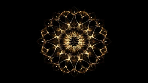 Luminous golden fractal mandala on deep black void background.