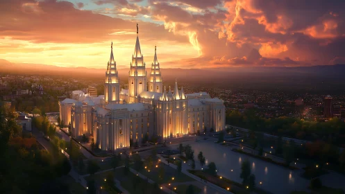 Sunlit cathedral glows over a sprawling city at sunset.