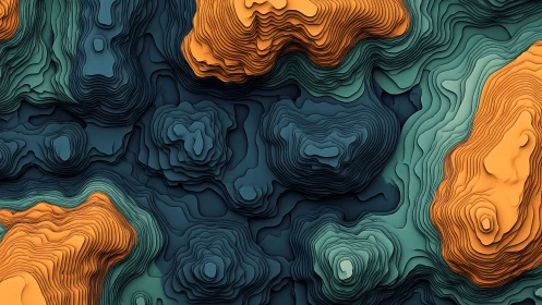 Layered topographic islands drift through teal and ember seas
