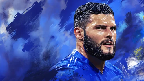 Digital painting portrait of male athlete with dynamic blue field.