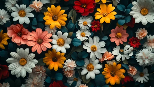 Dense Polychromatic Floral Composition with Layered Daisy Formations.