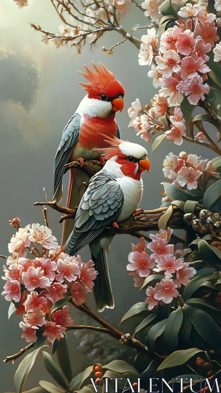 Blossom-kissed songbirds share a quiet moment in spring light