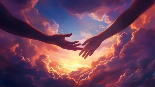 Two Hands Reaching Through Radiant Clouds at Sunset