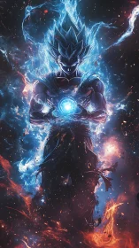 Blue energy warrior surrounded by cosmic fire power.