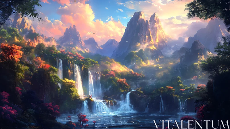 Sunlit fantasy waterfalls cascade beneath glowing peaks