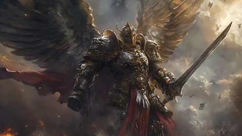 Armored seraphim warlord with flaming battlefield backdrop